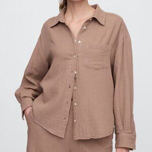 GAP Taupe Button-Down Cotton Gauze Shirt